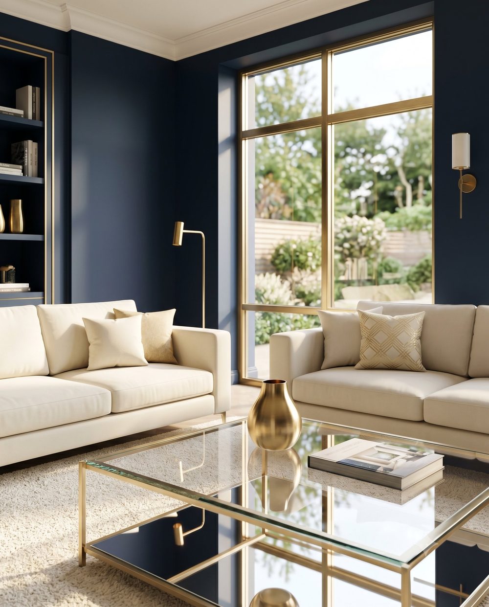 Immaculate navy-and-gold living room cleaned by Breakthrough Cleaning